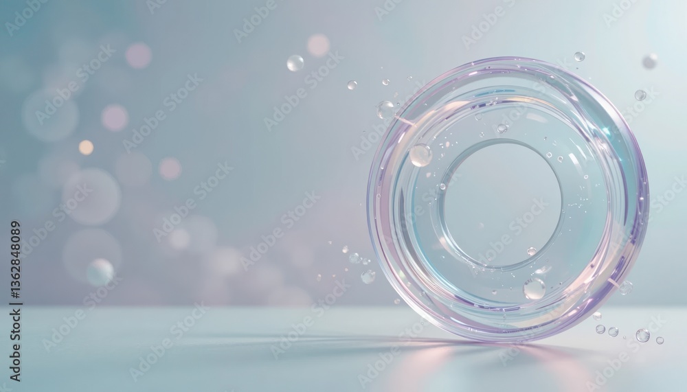 Poster dynamic circular glass object with water droplets studio background 3d render minimalist environment