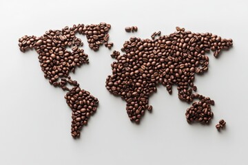 World map created with assorted coffee beans depicting different geographic regions and landscapes