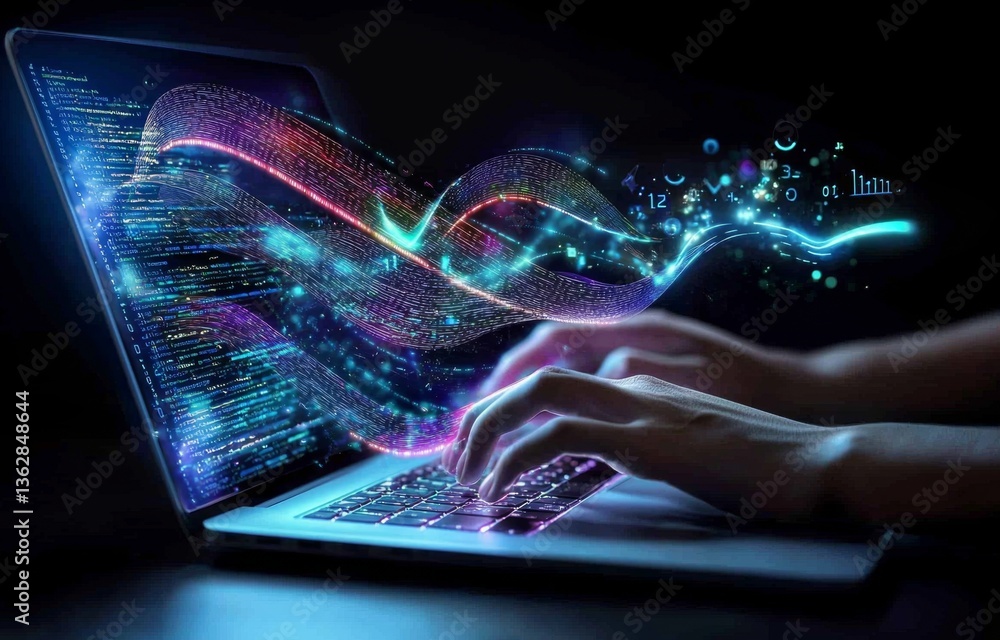 Poster capturing the essence of modern technology with a visual whirlwind of colors enveloping a laptop use