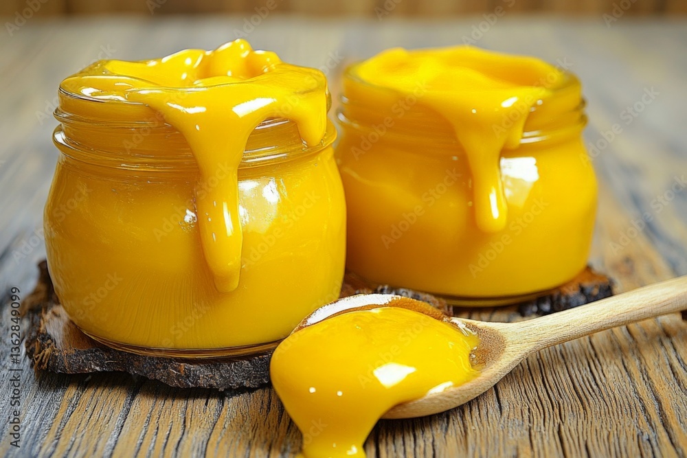 Aufkleber Bright yellow honey jars with sticky texture on wooden surface create an inviting atmosphere for sweet lovers