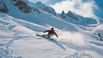 Exciting Snowboarding Adventure in the Majestic Mountains Under a Beautiful Blue Sky