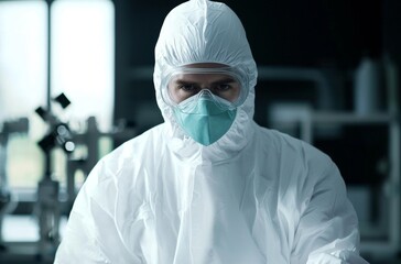 A scientist wearing a white lab coat and mask conducts experiments in a laboratory.