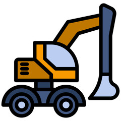 Digger Excavator Outline Flat Design Icon - Heavy Machinery Outline Flat Design Icon