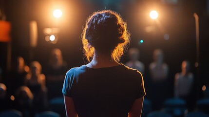 Building self confidence. Woman speaking on stage under bright lights.