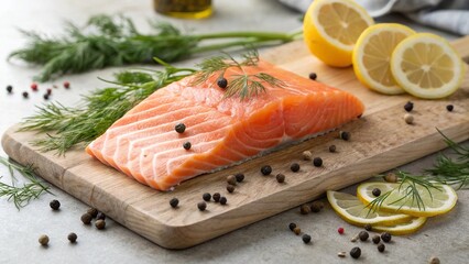 Fresh salmon fillet seasoned with black pepper and dill, ready for cooking, placed on a wooden cutting board with lemon slices, creating a healthy and appetizing food composition