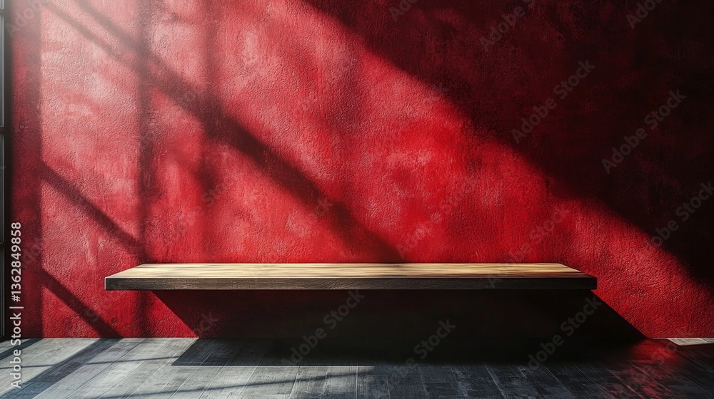Poster A rustic wooden bench sits empty beneath warm sunlight streaming through a window. The deep red wall casts striking shadows, creating an inviting yet contemplative atmosphere in the space
