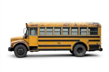 Yellow school bus parked against a white background showcasing its vintage design and character