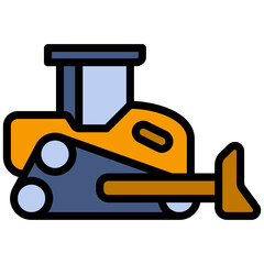 Bulldozer Outline Flat Design Icon - Heavy Machinery Outline Flat Design Icon