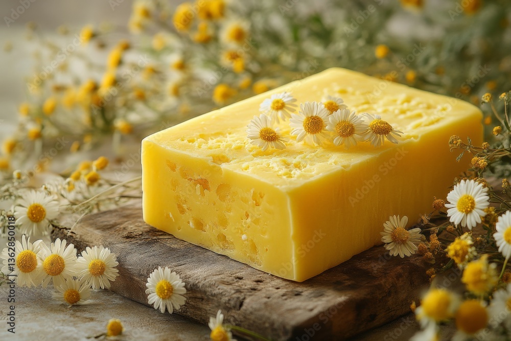 Poster cheese block surrounded by wildflowers on a rustic wooden table in a sunny kitchen setting