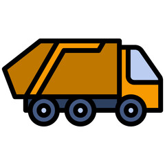 Garbage Truck Outline Flat Design Icon - Heavy Machinery Outline Flat Design Icon