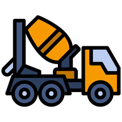 Concrete Mixer Truck Outline Flat Design Icon - Heavy Machinery Outline Flat Design Icon