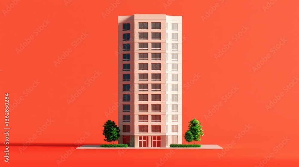 Poster a modern architectural building model in front of a vibrant red background, surrounded by small tree