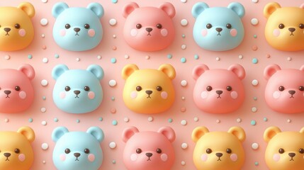Adorable Pastel Teddy Bears Pattern: A Delightful 3D Render of Cute Cartoon Bears in a Sweet Pink Background