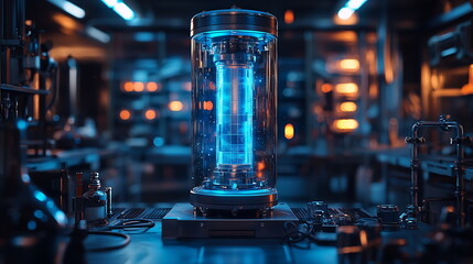 A plasma reactor glowing in blue sits at the center of a high-tech futuristic lab, surrounded by advanced equipment and illuminated panels for cutting-edge energy research and scientific innovation.