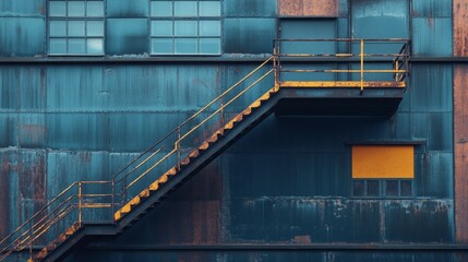 Naklejka premium A striking staircase in bright yellow winds up the side of a weathered industrial structure. The blue and orange tones create a captivating contrast, evoking a sense of urban decay
