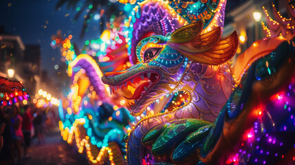 Fototapeta premium Vibrant Mardi Gras Carnival Float in France with Festive Decorations and Crowd
