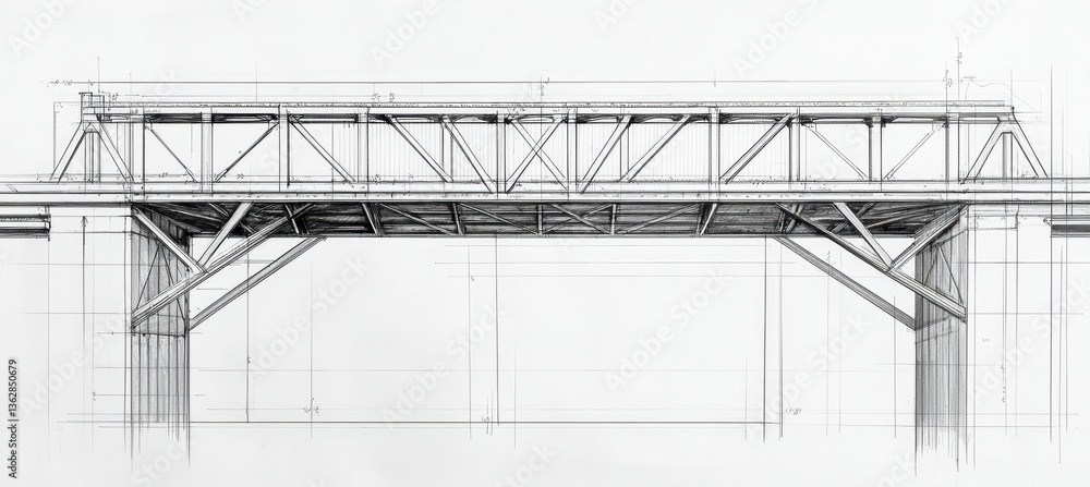Poster a technical drawing of a bridge showcases intricate structural details, emphasizing engineering prec