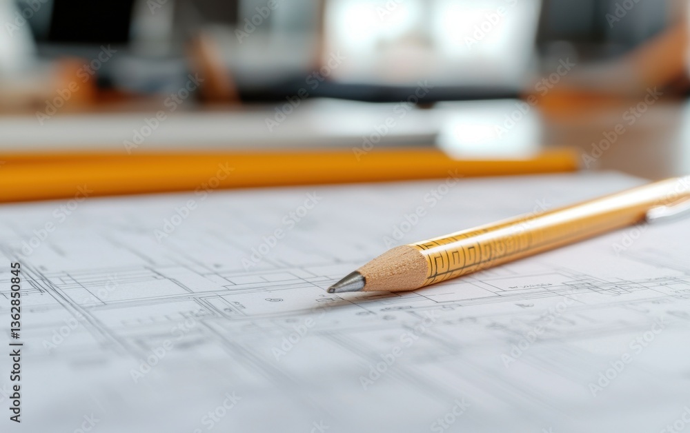 Poster a close-up of a pencil resting on architectural blueprints, highlighting precision and design in a w