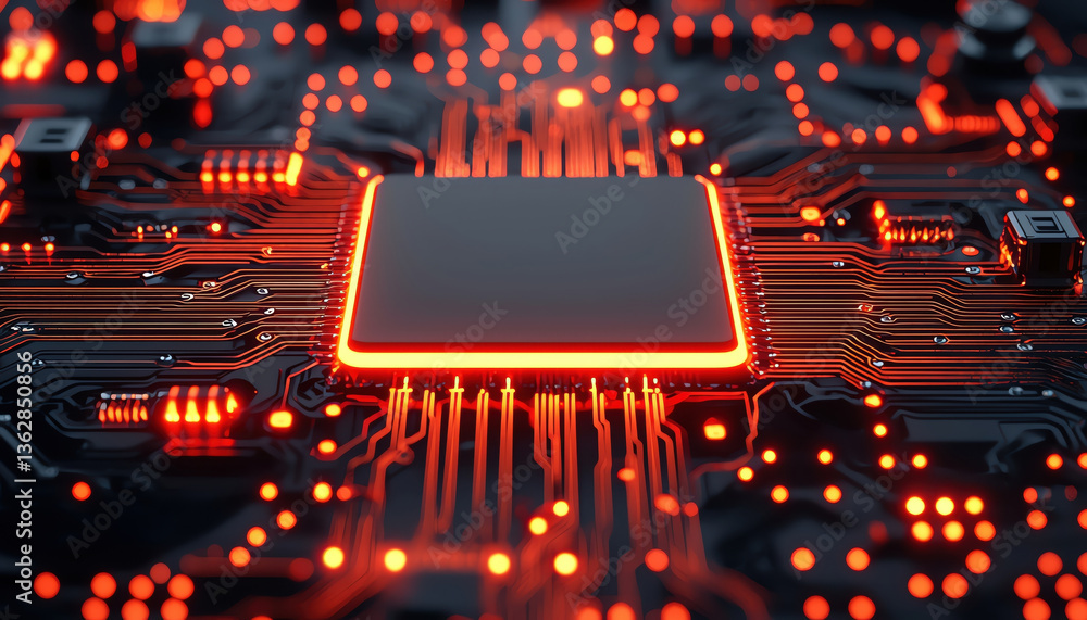 Poster vibrant circuit board featuring central processing unit with glowing orange circuits, showcasing adv