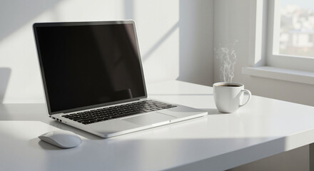 Fototapeta premium Laptop, Coffee, Minimalist Workspace, White Desk