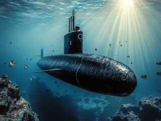 Undersea realm: a submarine navigates through a vibrant coral reef environment