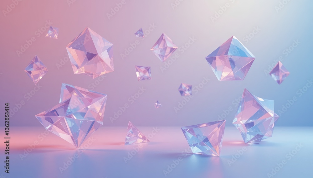 Poster floating crystals and geometric shapes abstract art soft color palette studio environment close-up v