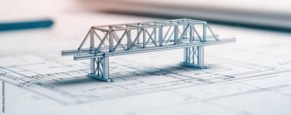 Poster a detailed architectural model of a bridge on a blueprint, showcasing design elements and structural