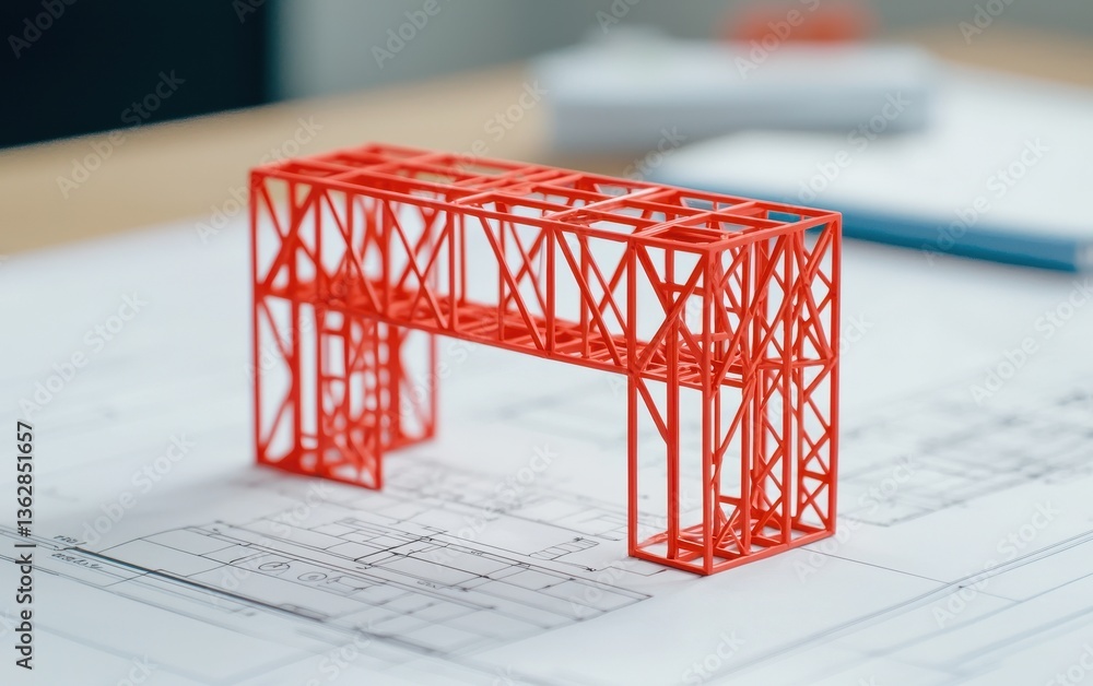 Poster a 3d-printed red model structure sits atop architectural blueprints, showcasing a design concept in 