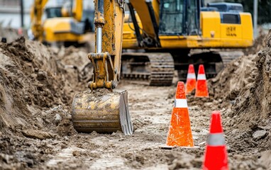 Fototapeta premium The image shows construction machinery digging in dirt, with traffic cones marking the area for safety.