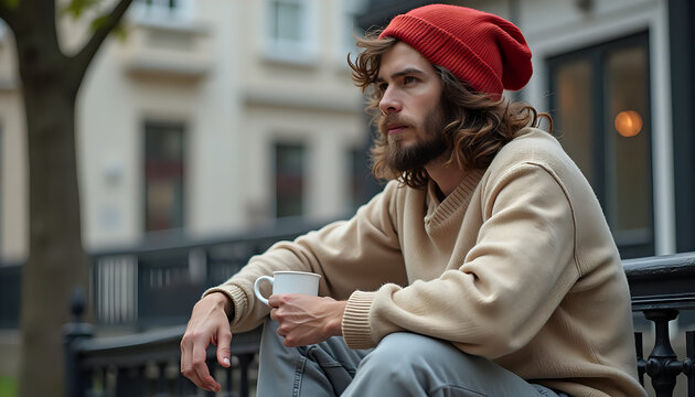 a young man with a beard wearing a red cap and beanie sitting on a bench - Powered by Adobe