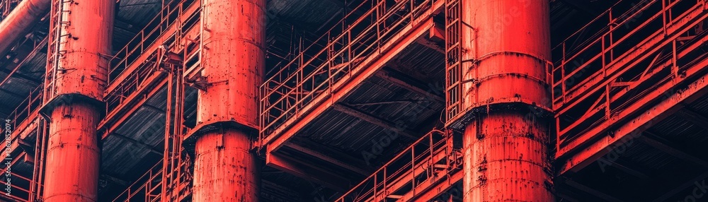 Poster a close-up view of industrial red pipes and metal structures, showcasing a textured surface and intr