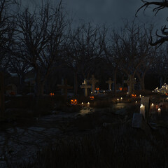 3D rendered dark forest cemetery scene