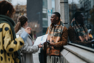 A group of business people collaborating outside. One man leans against a building while two women review paperwork, highlighting teamwork and professional interaction during an informal discussion.
