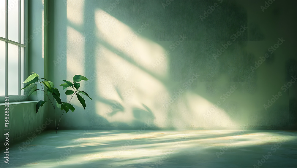Poster abstract green studio backdrop for product display. vacant room with window shadows. present product