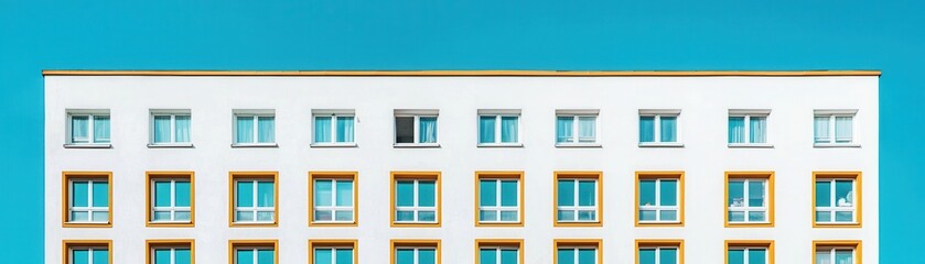Fototapeta premium A minimalist building with white walls and colorful window frames against a bright blue sky.
