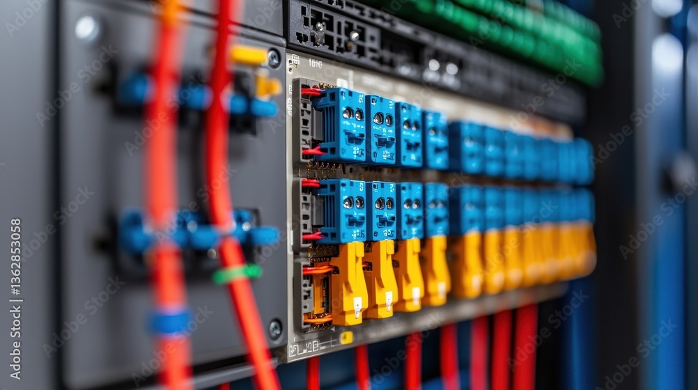 Poster close-up of a control panel featuring colorful connectors and cables, showcasing intricate wiring in
