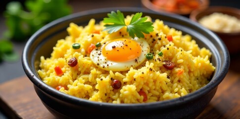 Basmati rice layered with egg masala and spices in a traditional Indian cooking pot , meal, dish