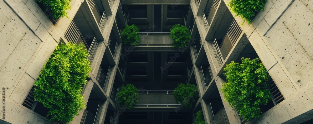 Poster a modern architectural structure featuring concrete walls with vibrant greenery, creating a harmonio