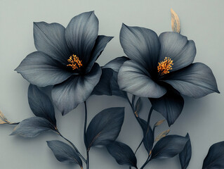 Fototapeta premium grey flowers with orange stamens, set against a white background. The flowers are intricately detailed with delicate petals and a soft, ethereal quality.