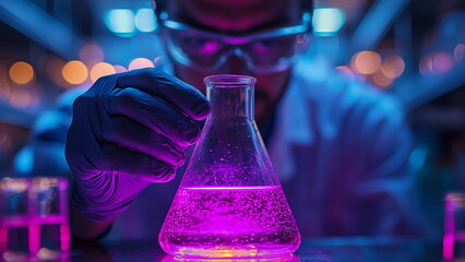 A chemist wearing gloves holding conical flask filled with glowing purple liquid, synthesize a biochemical compound in a lab for greater human use.