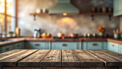 Wooden countertop with modern kitchen decor during evening light