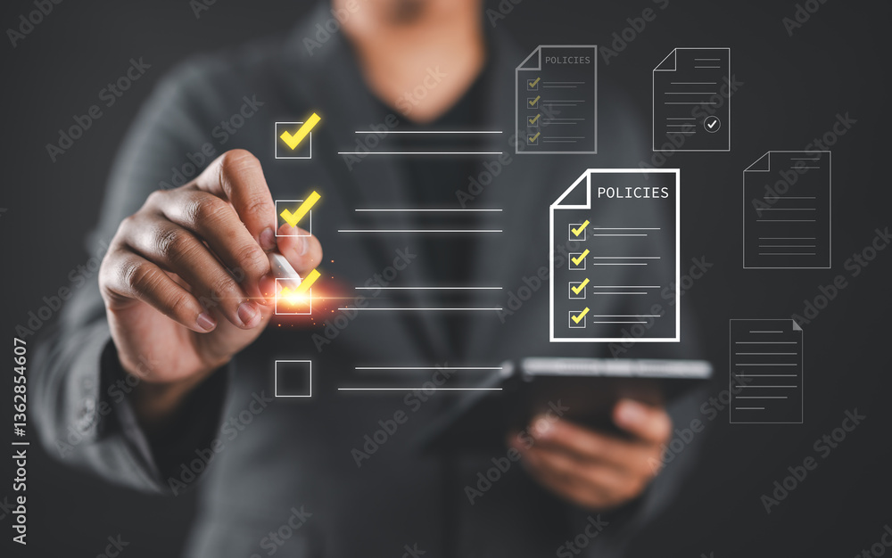 Poster Checklist online document practices and policies concept, Businessman use tablets to check steps through policies document company articles of association Terms and Conditions, Quality inspection