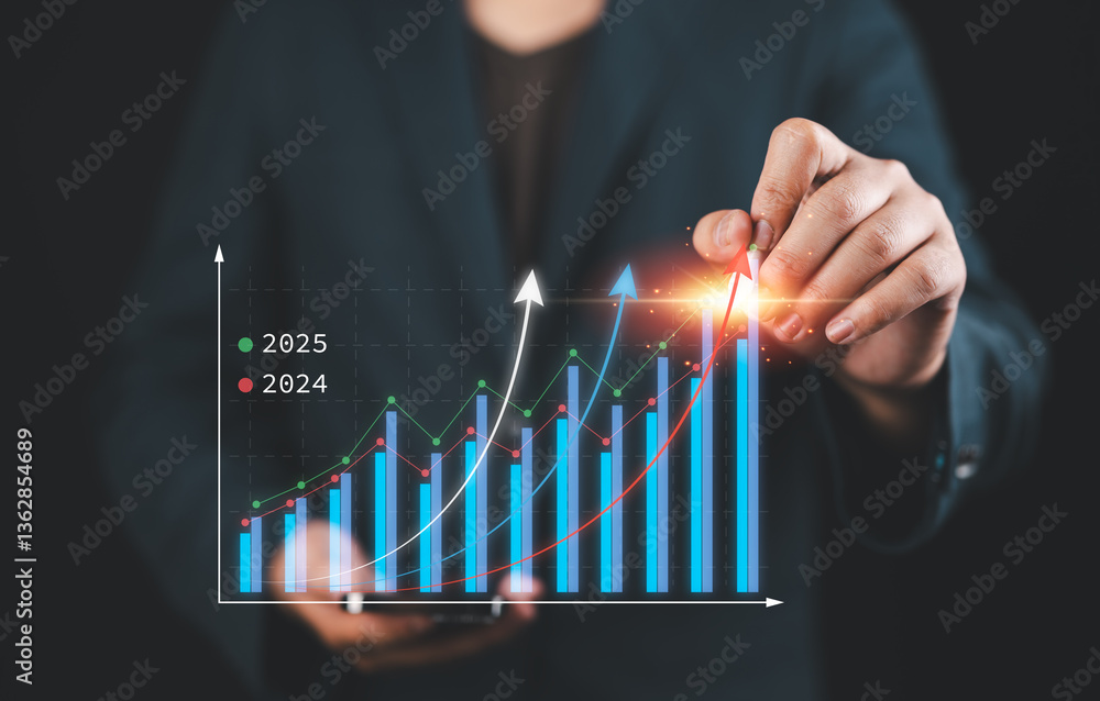 Poster business 2025 graphs statistics to analyze business potential concepts, businessman use smartphone a