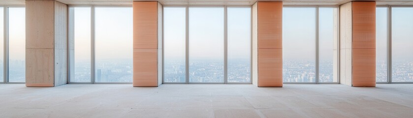 Fototapeta premium A spacious, modern interior with large windows offering a panoramic city view, showcasing minimalistic design and natural light.