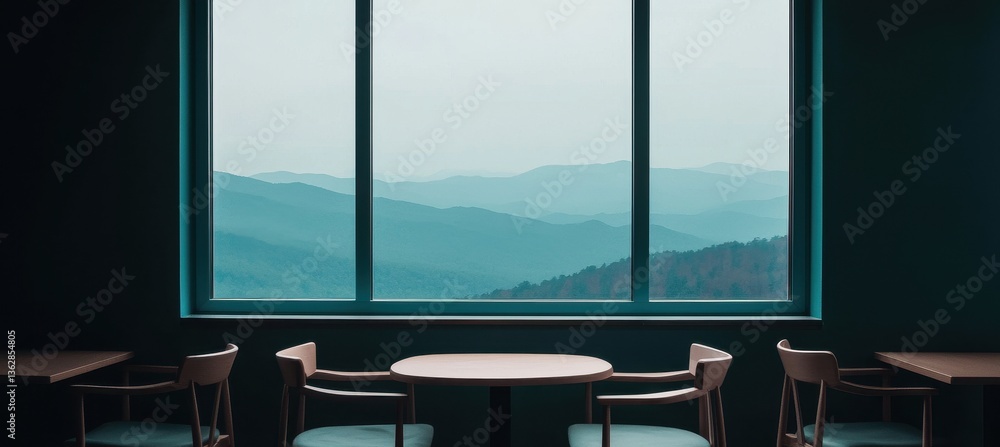 Poster a serene cafe interior features a large window with a stunning mountain view, creating a calm and in