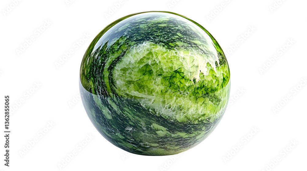 Poster close-up of a green marble ball on a soft surface displaying intricate patterns and captivating colo