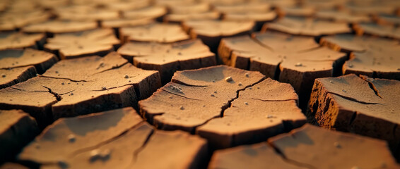 Deep cracks in dried clay under the scorching sun, symbolizing drought and climate change. The ground’s surface resembles a fractured shell.