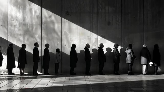 Monochromatic silhouettes of people standing in a queue, awaiting something, patience,  expectation, hope, urban environment, black and white photography.