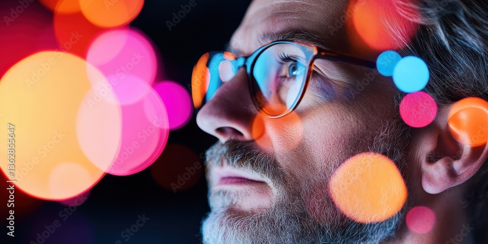 Poster Hyper-Realistic Data Visualization Innovative Tech Professional Exploring Next-Gen Analytics with Immersive Multicolor Bokeh Aesthetic - Cutting-Edge Digital Insight Representation