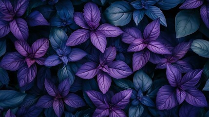Purple and Blue Basil Leaves: A Close-Up Botanical Photograph AI Generated